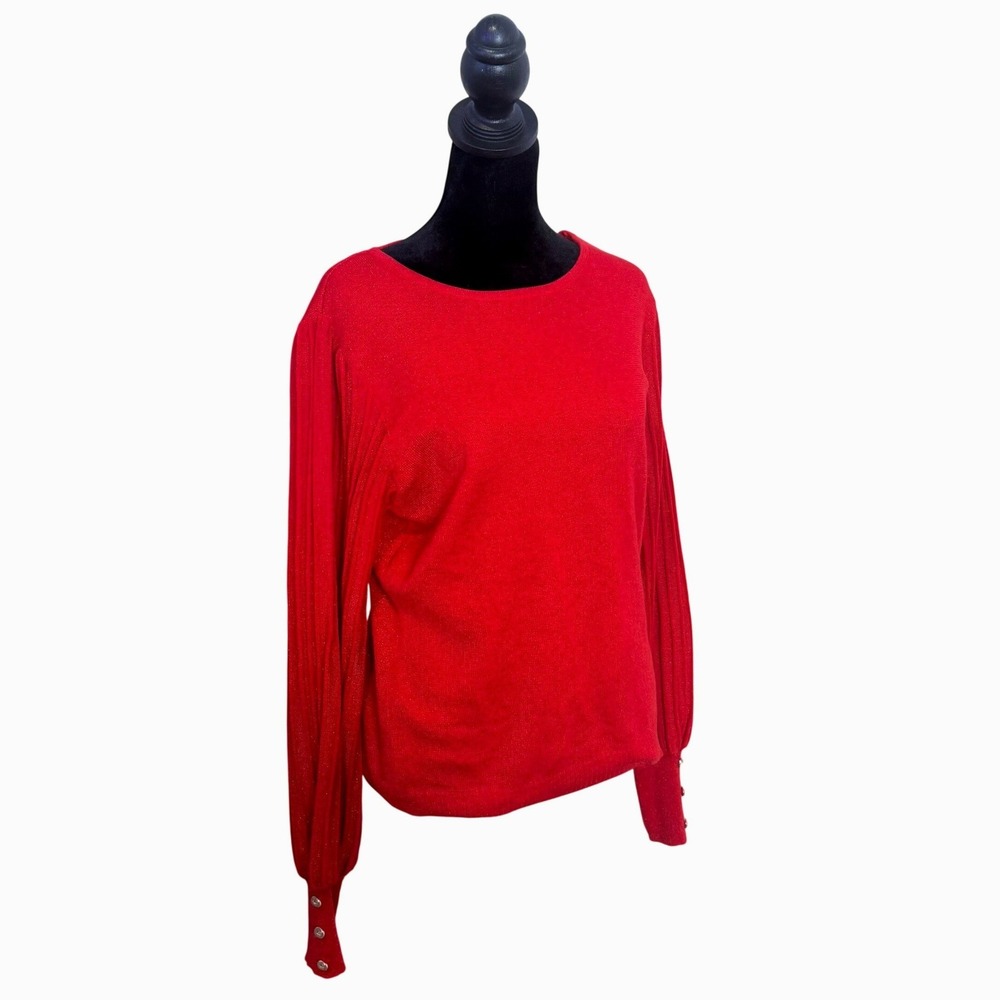 Festive Holiday Red Glam Shimmer Metallic Sweater Balloon Bishop Sleeve Large